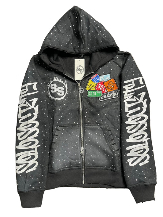 BLACK RHINESTONE ZIPUP