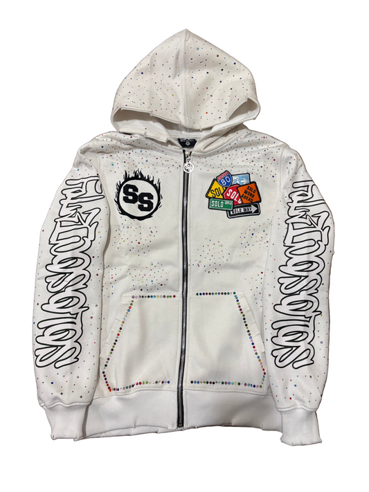 White Rhinestone zip up